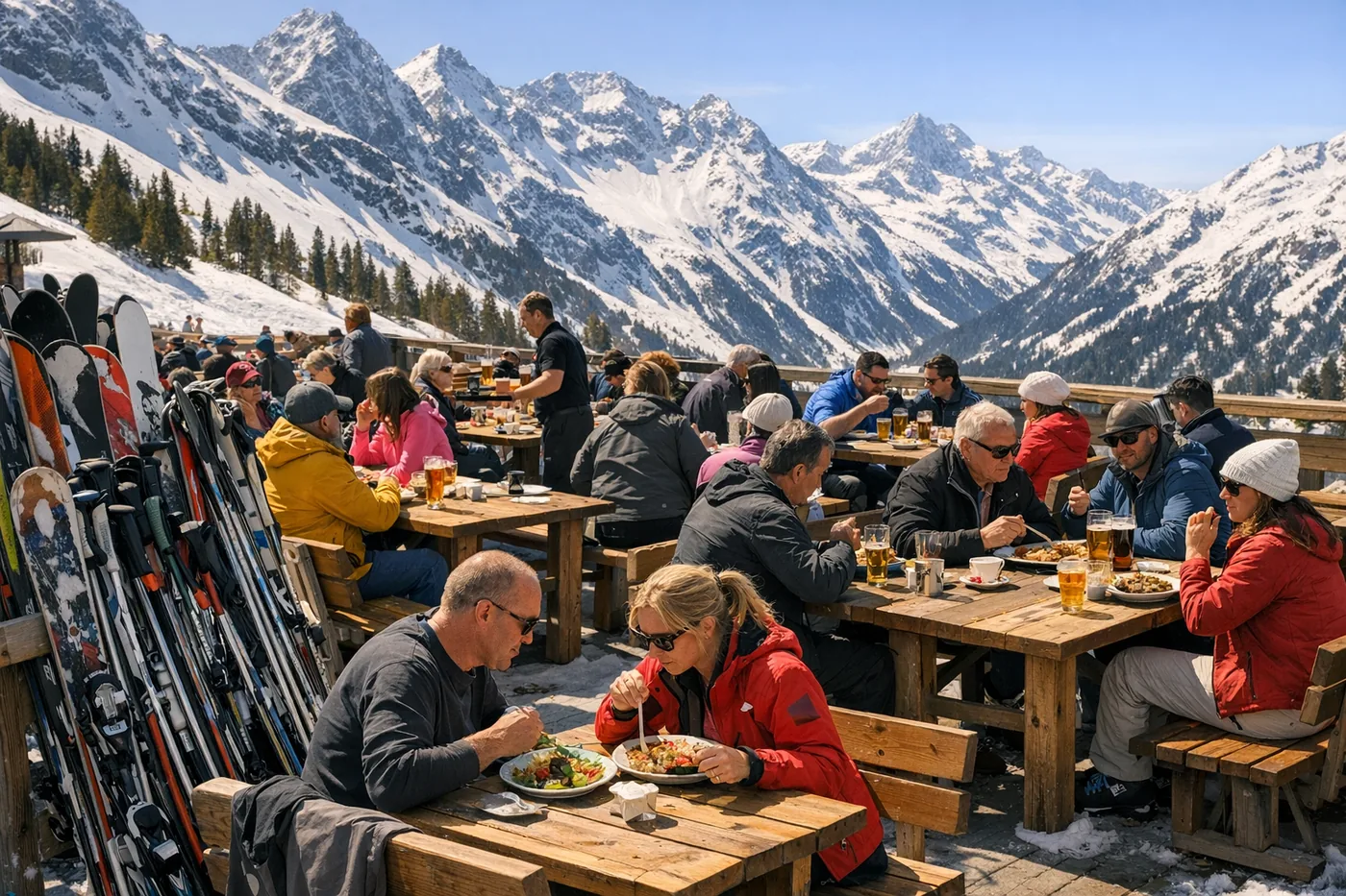 Sunny terrace outside a mountain restaurant in the Alps