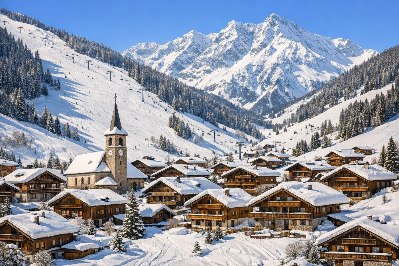 Alpine village with ski slopes above in winter light