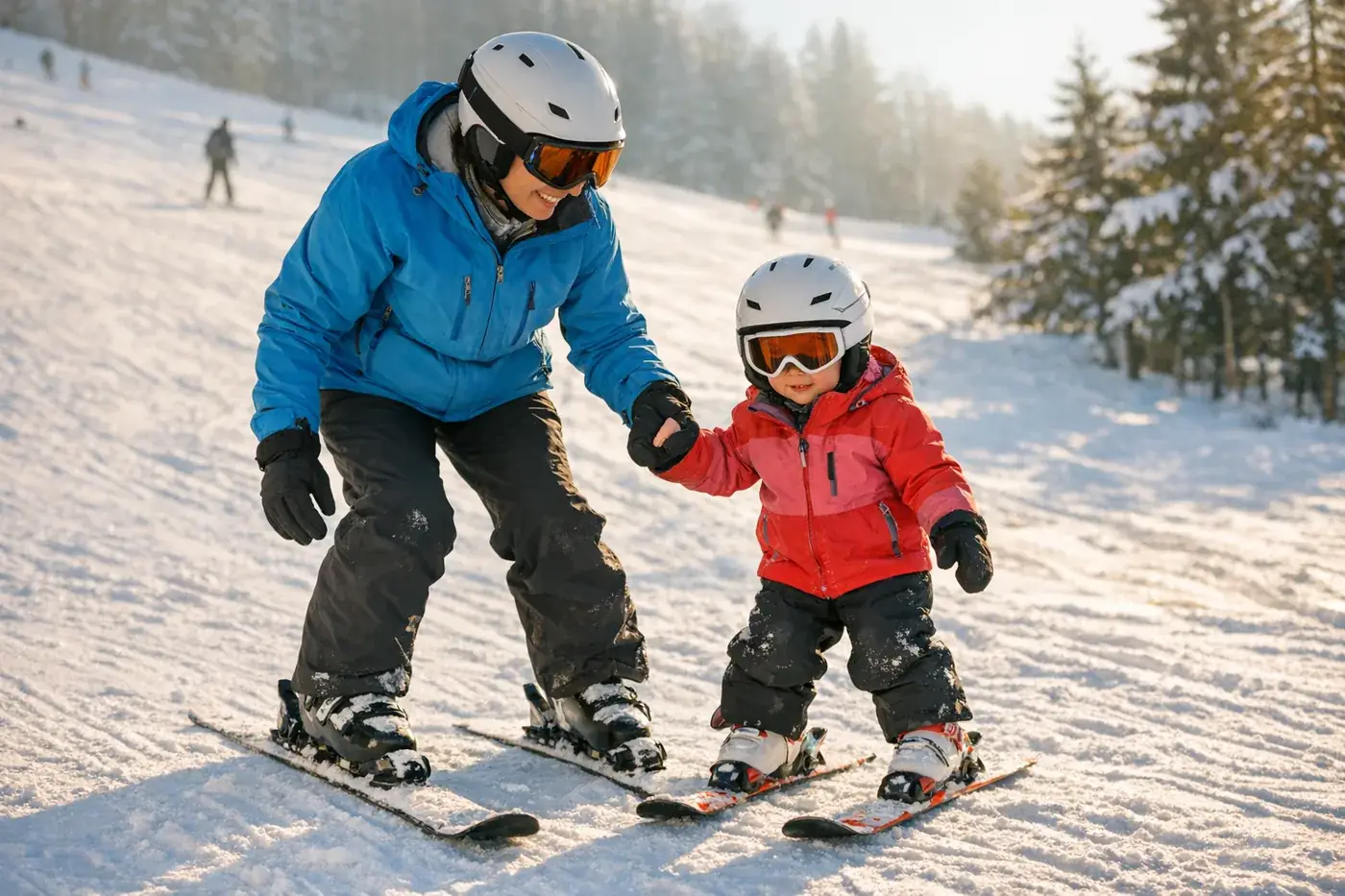 Parent teaching a child to ski on the beginner slope