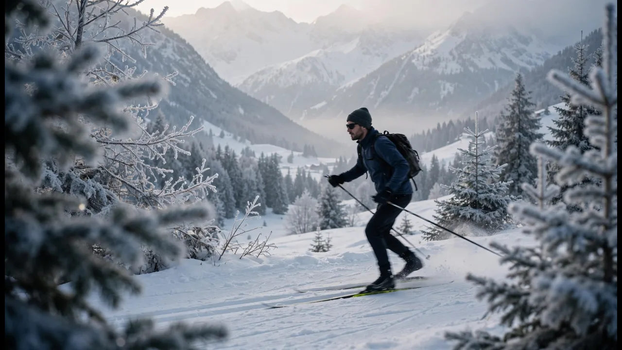 Cross-country skier on skate skis through frost-covered alpine forest in morning light