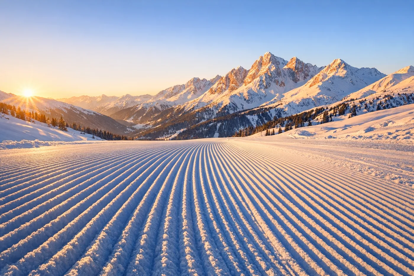 Freshly groomed piste in morning light