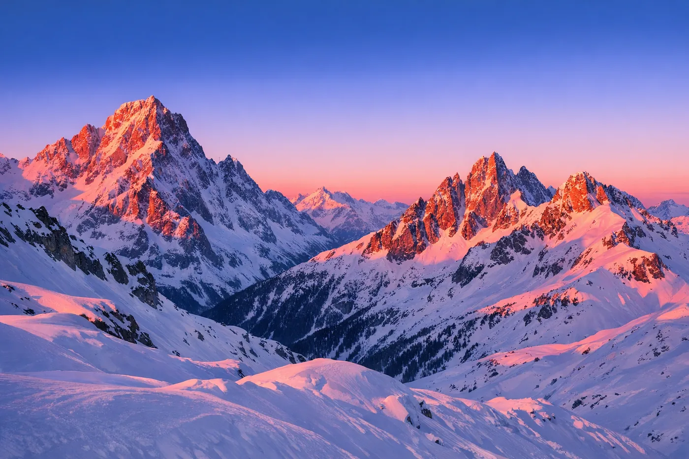 Snow-covered high alpine peaks in evening light