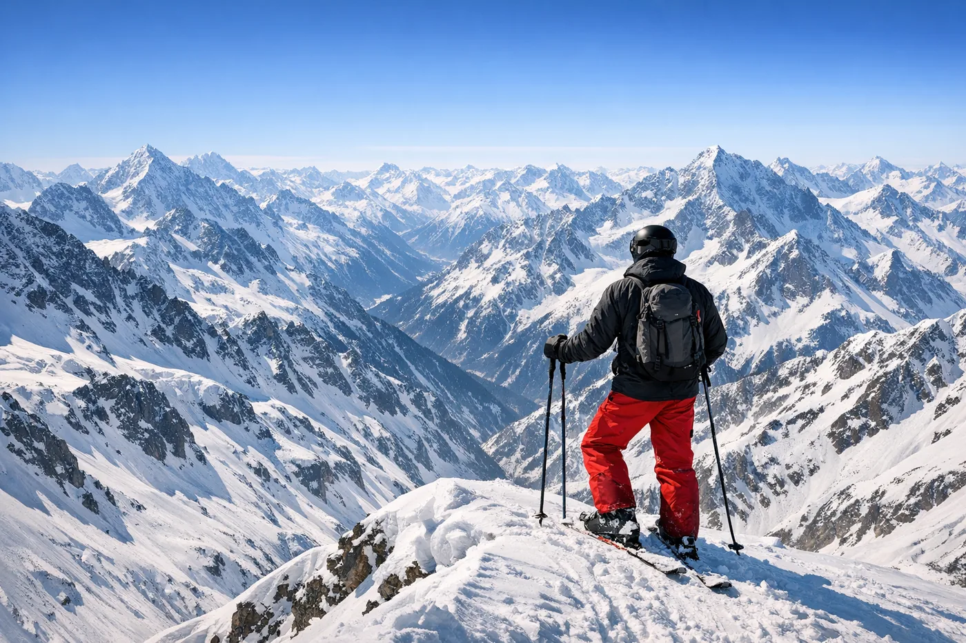 Skier with a view over snow-covered Alpine peaks
