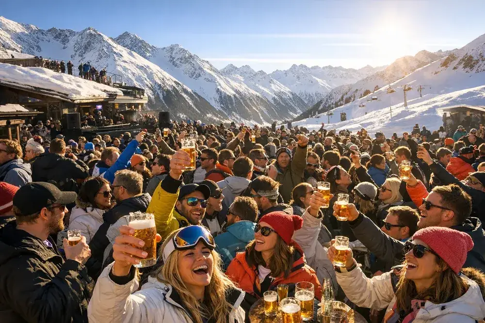 Crowd celebrating on a sunny apres-ski terrace in the Alps