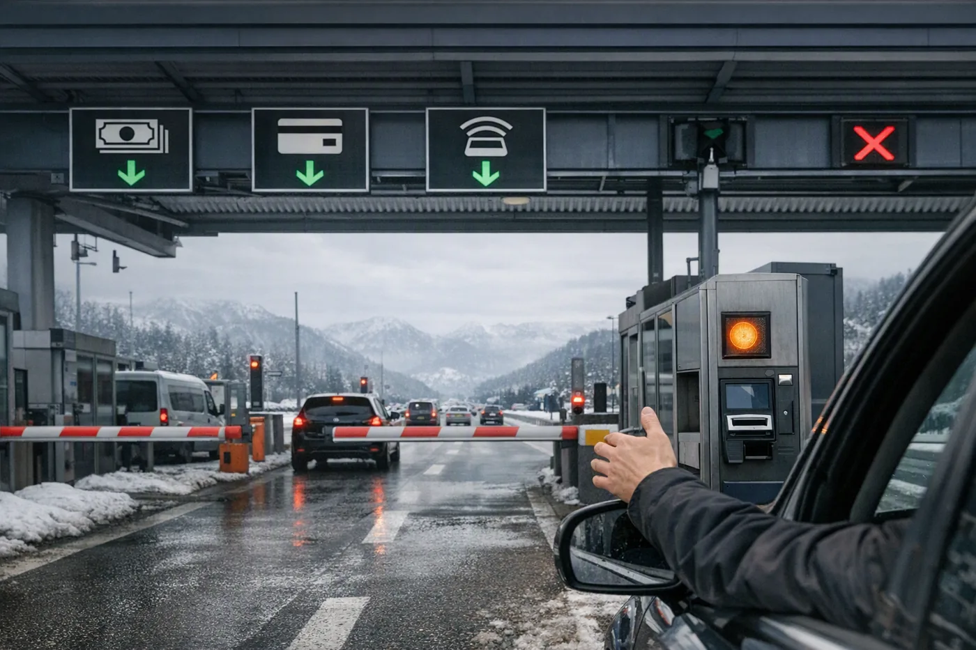 Payment station on a motorway in the Alps with symbols for notes, cards and a tag