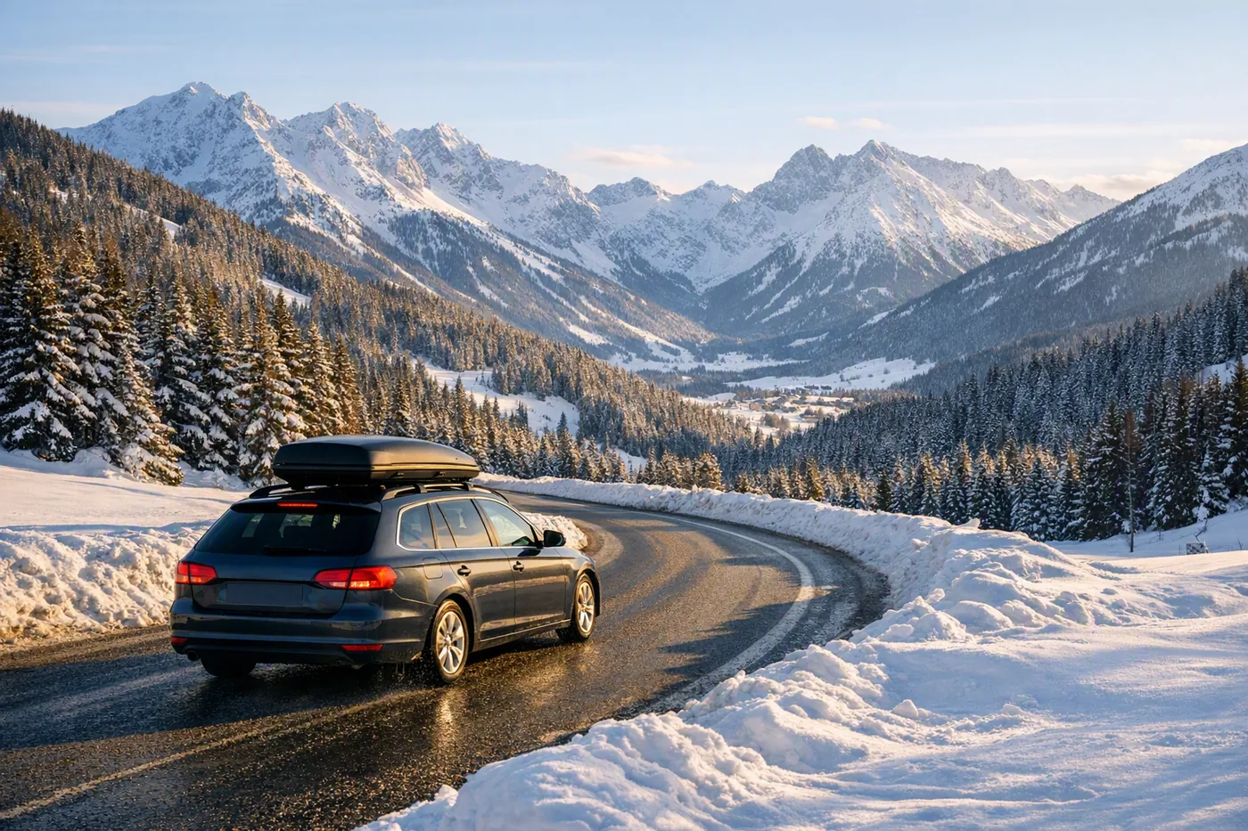 Car with roof box on a snow-covered alpine road with mountains in the background
