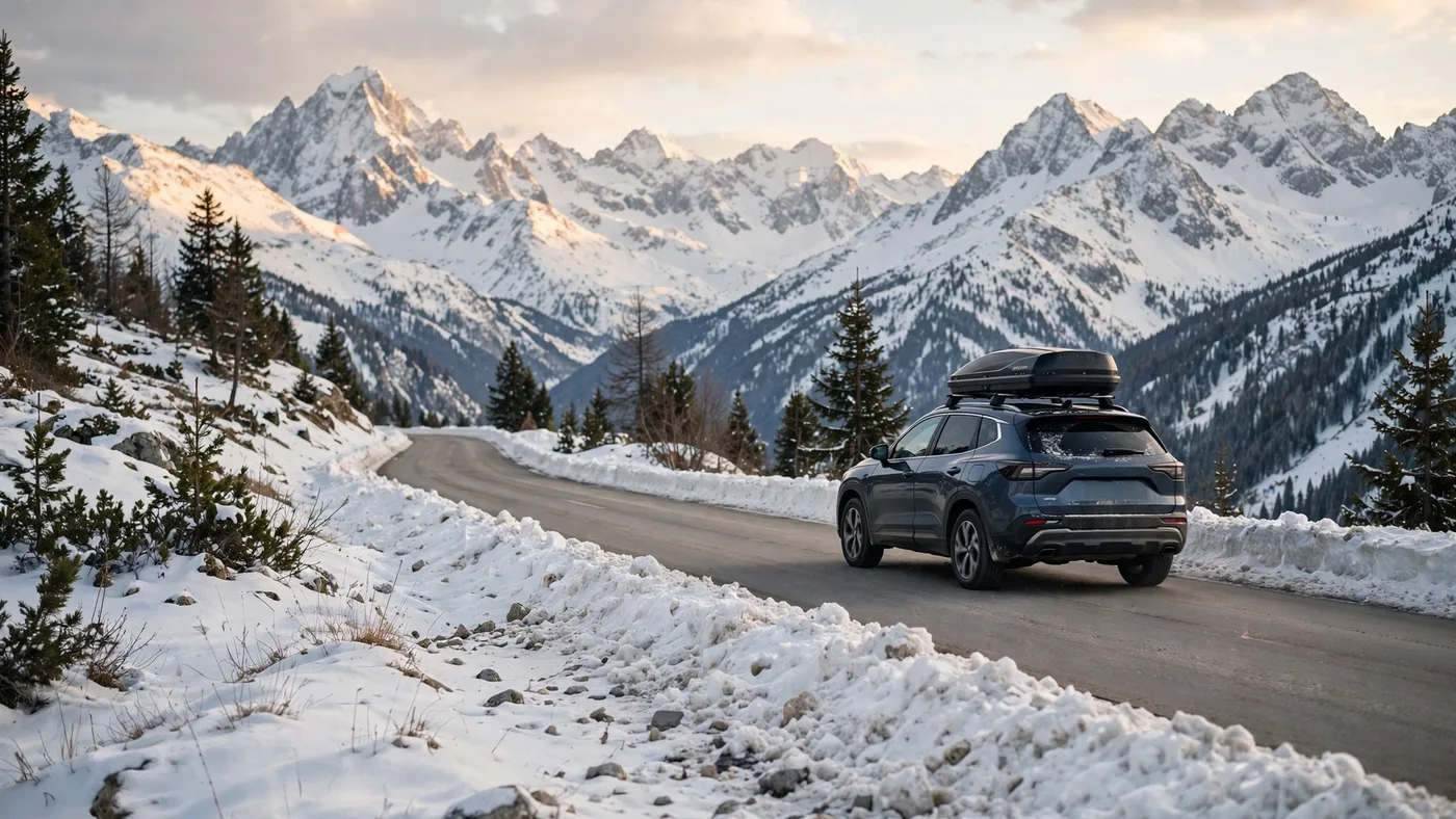 Car with roof box on a mountain road with snow-covered alpine peaks in the background