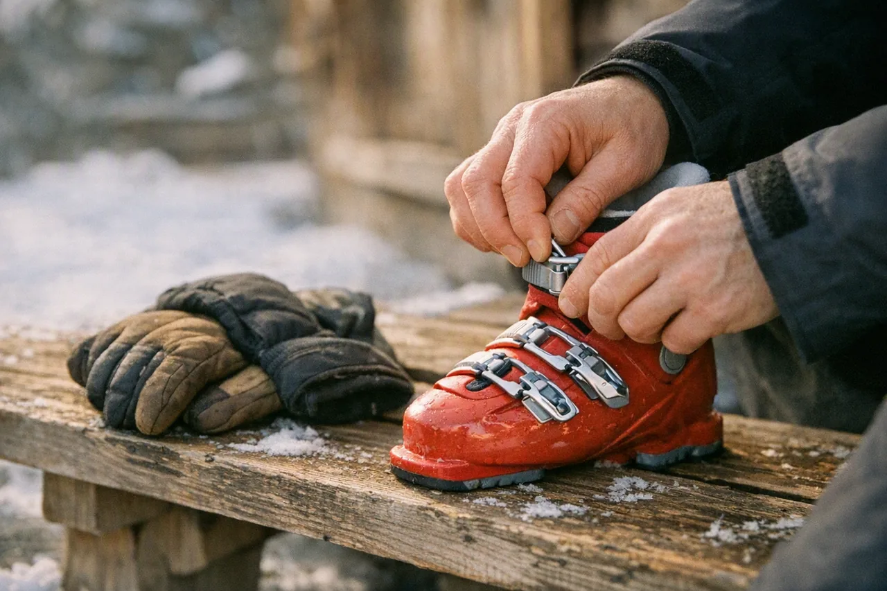 Hands tightening the buckles on a red ski boot