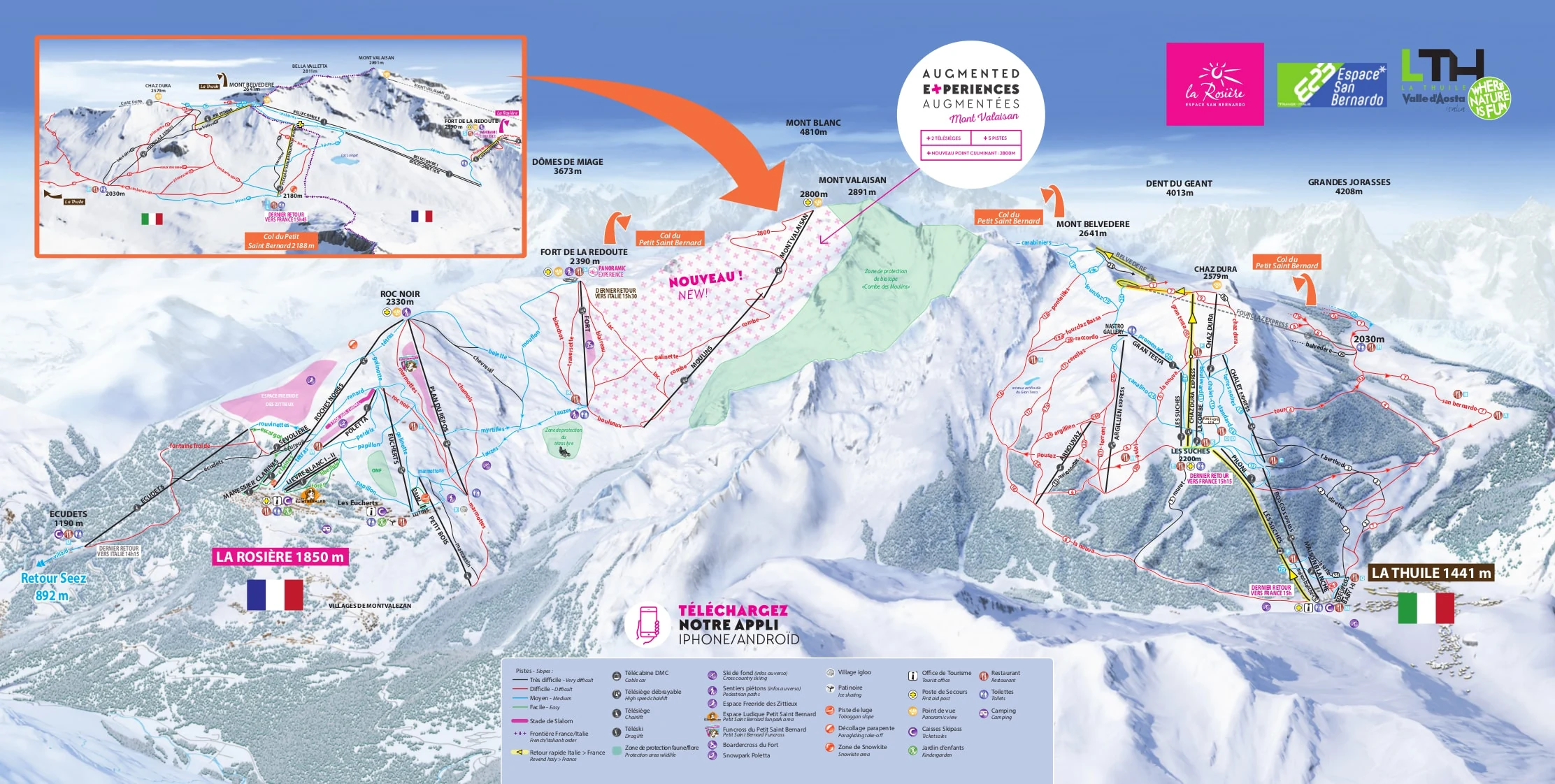 Piste map of La Rosiere, pistes, lifts and runs