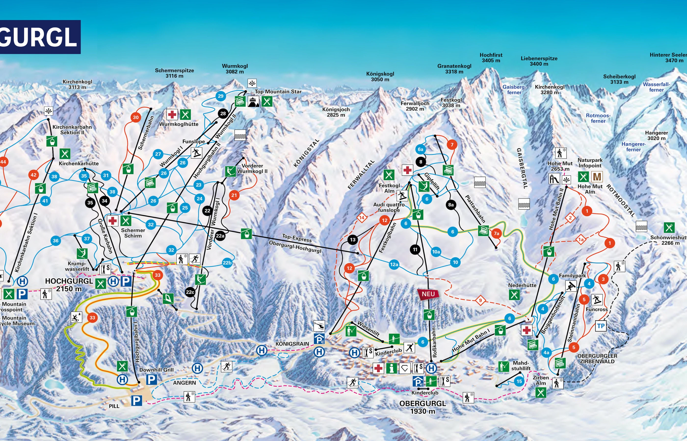 Piste map of Obergurgl, pistes, lifts and runs