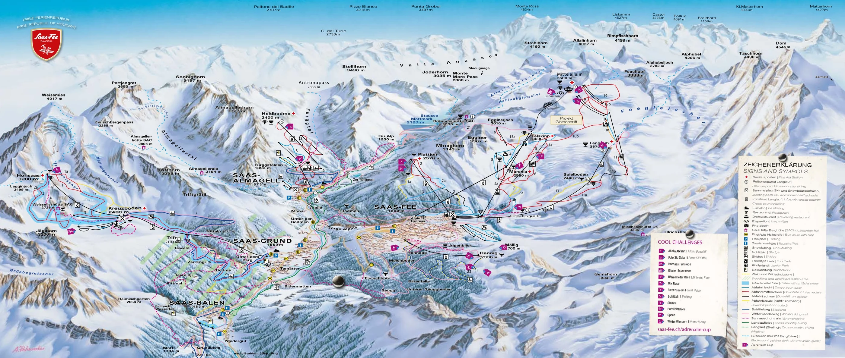 Piste map of Saas-Fee, pistes, lifts and runs