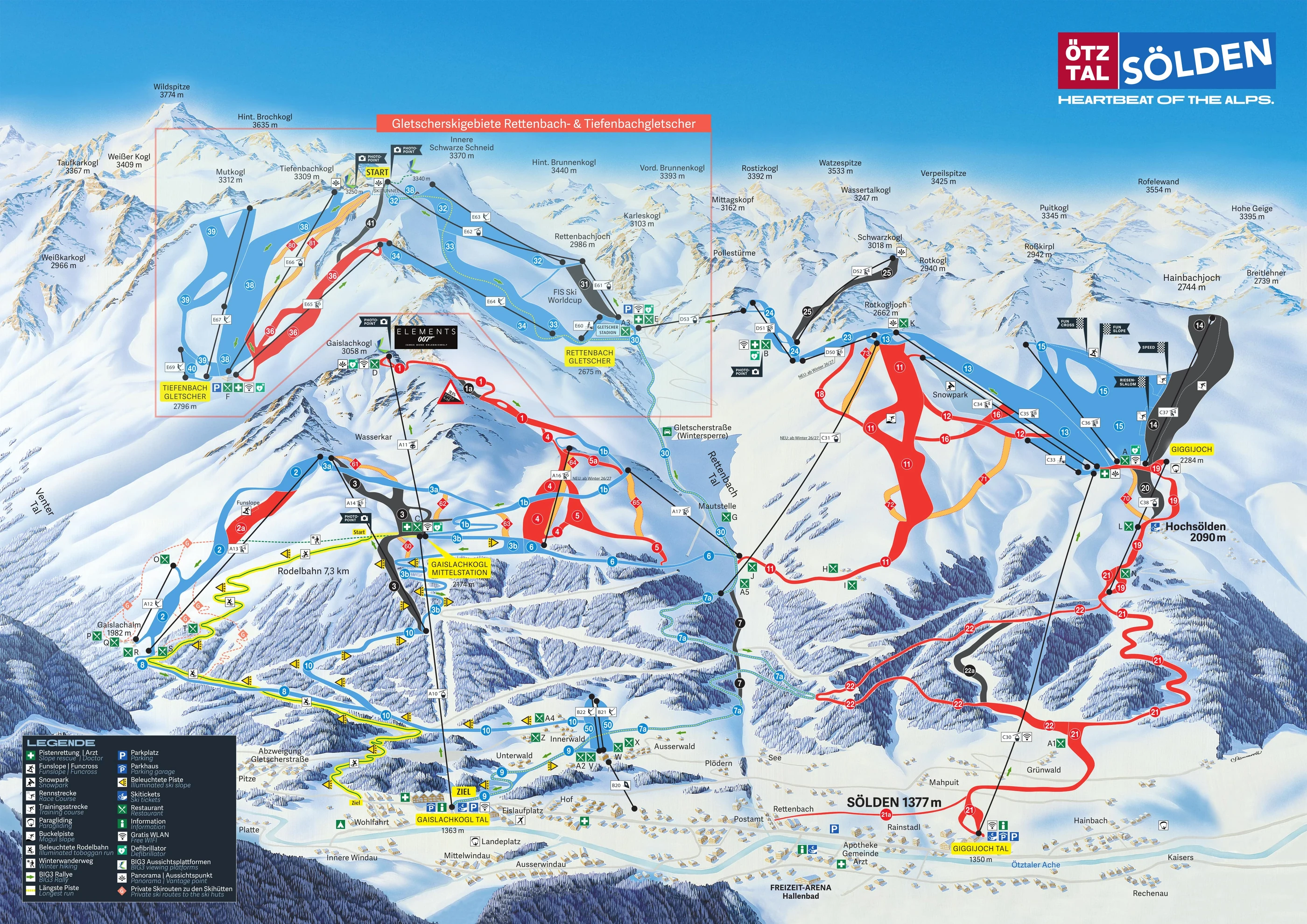 Piste map of Sölden, pistes, lifts and runs