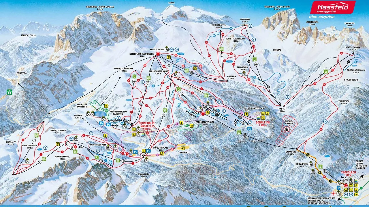 Piste map of Nassfeld, pistes, lifts and runs